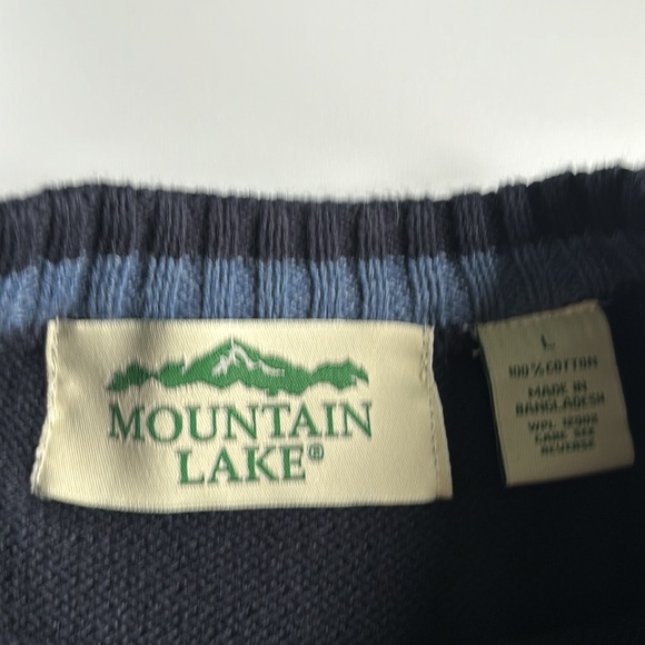 Retro Mountain Lake Chest Stripe Cotton Crewneck Navy Sweater - Picture 4 of 7